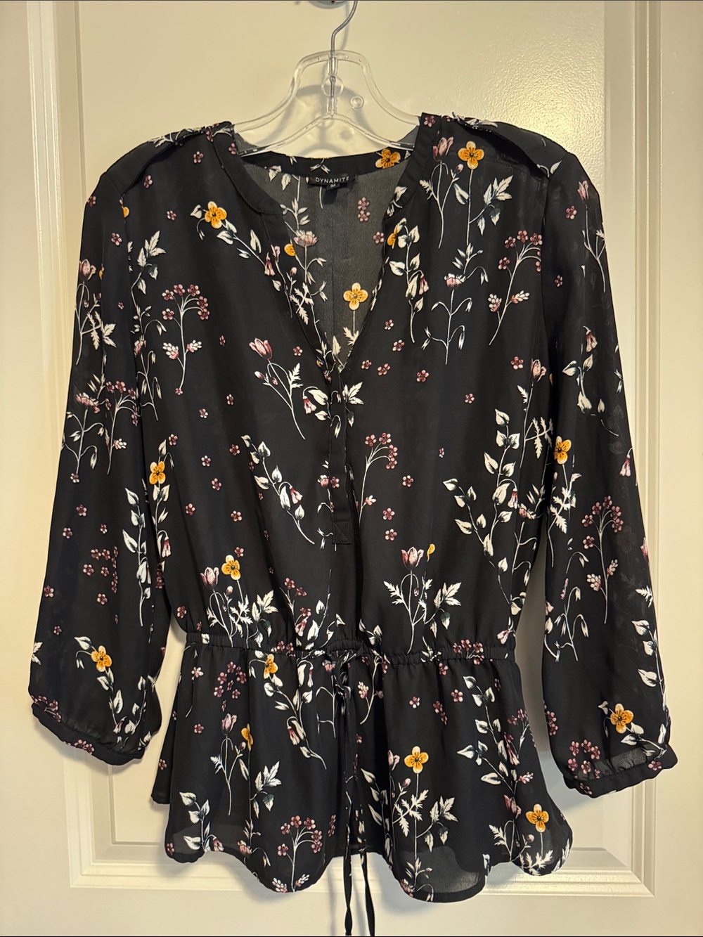 Dynamite Black Floral Tie-Waist Peplum Blouse